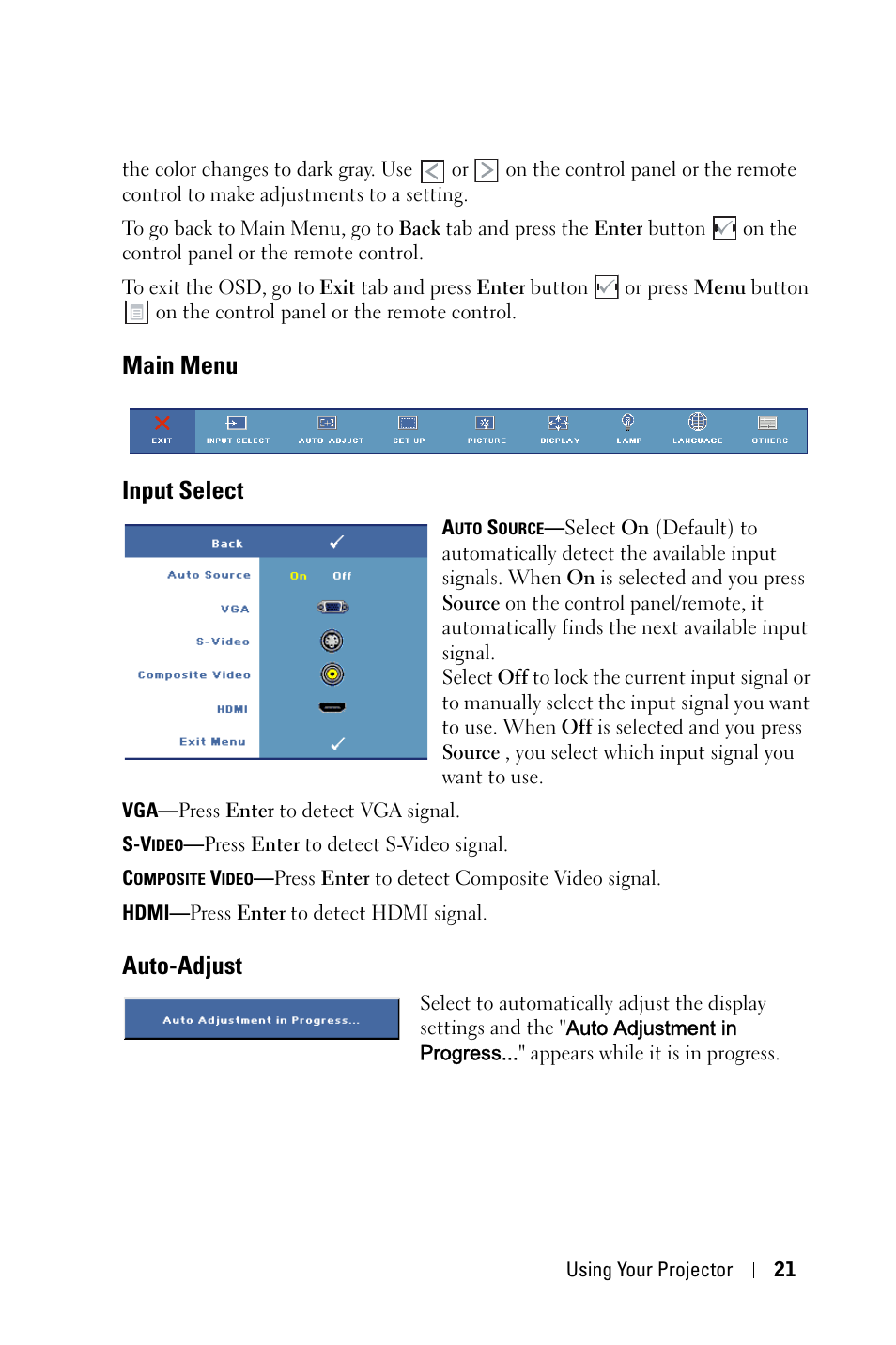 Main menu, Input select, Auto-adjust | Main menu input select | Dell M209X Projector User Manual | Page 21 / 44