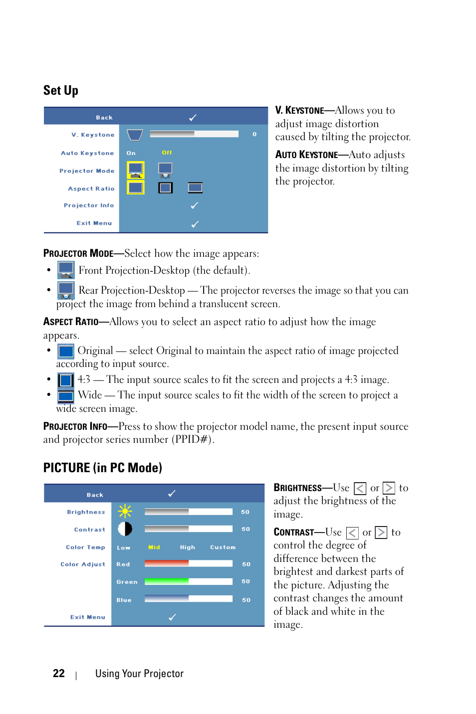 Set up, Picture (in pc mode) | Dell M209X Projector User Manual | Page 22 / 44