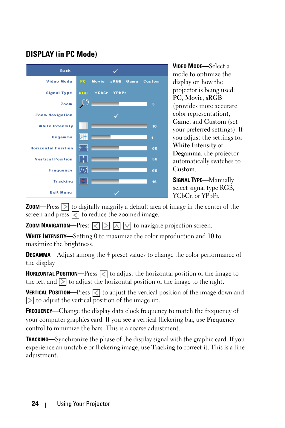 Display (in pc mode) | Dell M209X Projector User Manual | Page 24 / 44