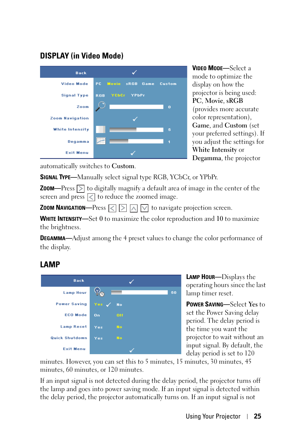 Display (in video mode), Lamp | Dell M209X Projector User Manual | Page 25 / 44