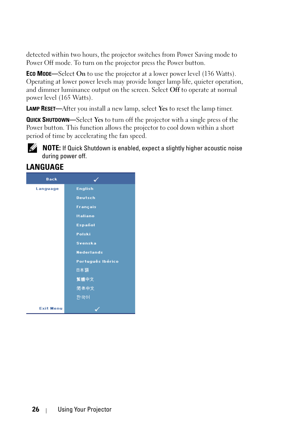 Language | Dell M209X Projector User Manual | Page 26 / 44