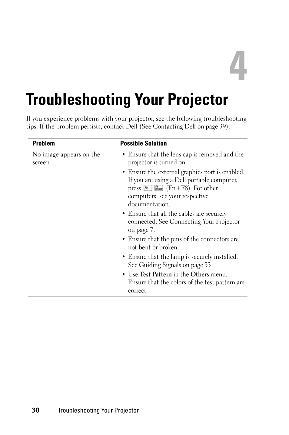 Troubleshooting your projector | Dell M209X Projector User Manual | Page 30 / 44