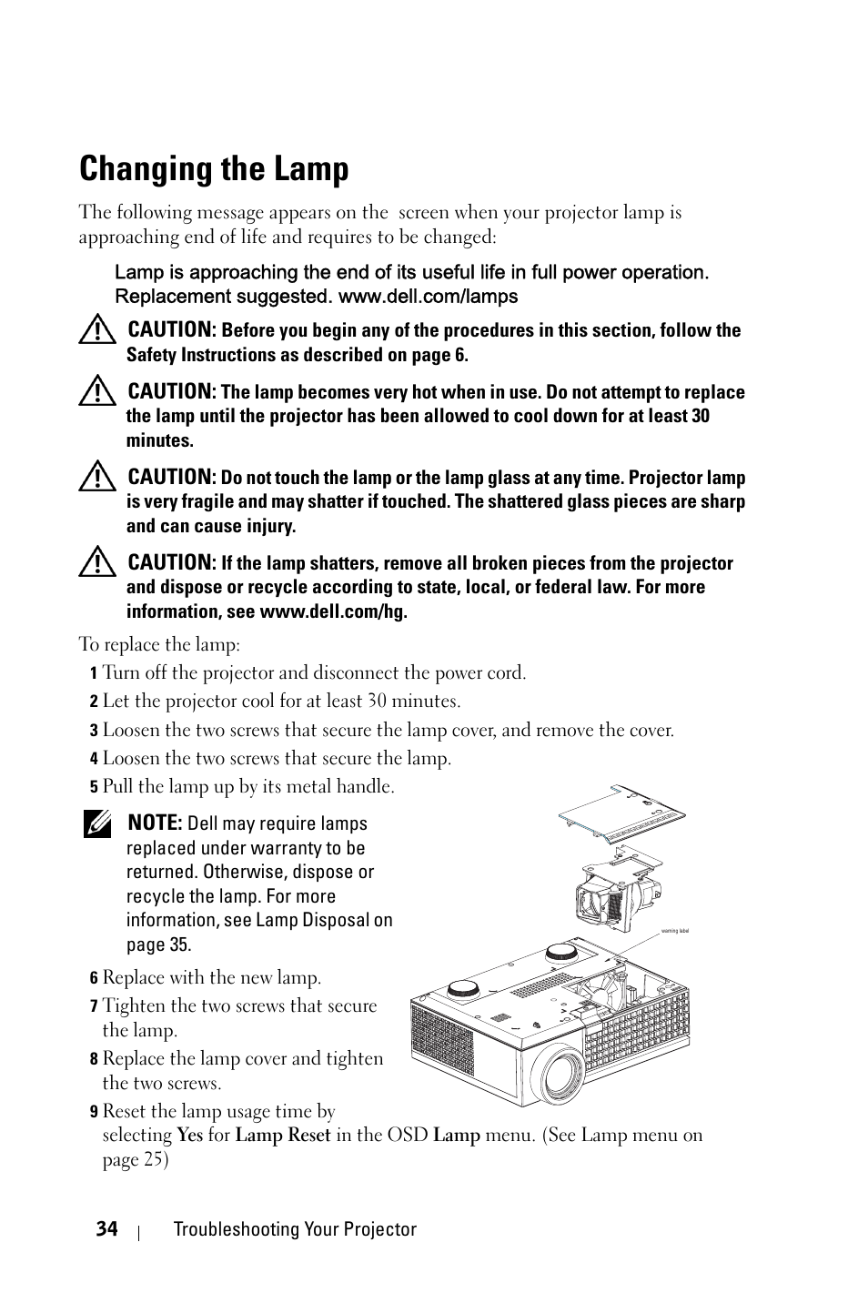 Changing the lamp | Dell M209X Projector User Manual | Page 34 / 44