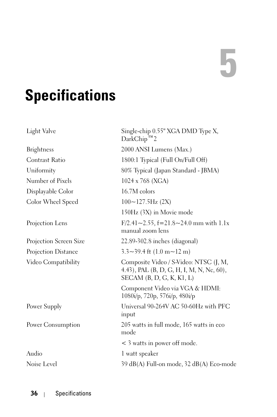 Specifications | Dell M209X Projector User Manual | Page 36 / 44