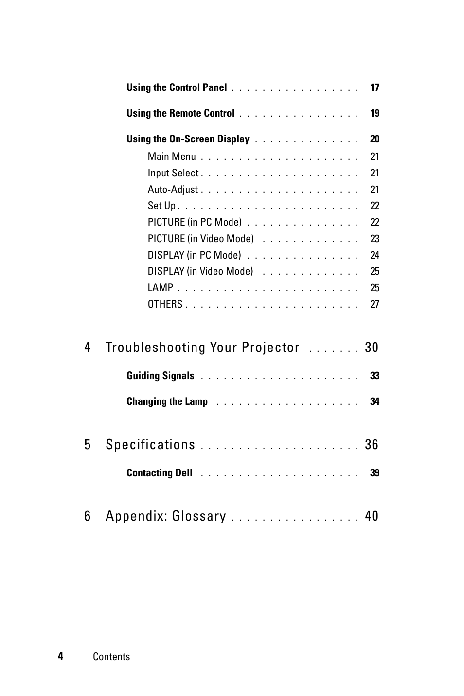 4 troubleshooting your projector 30, 5 specifications 36, 6 appendix: glossary 40 | 4 troubleshooting your projector, 5 specifications, 6 appendix: glossary | Dell M209X Projector User Manual | Page 4 / 44