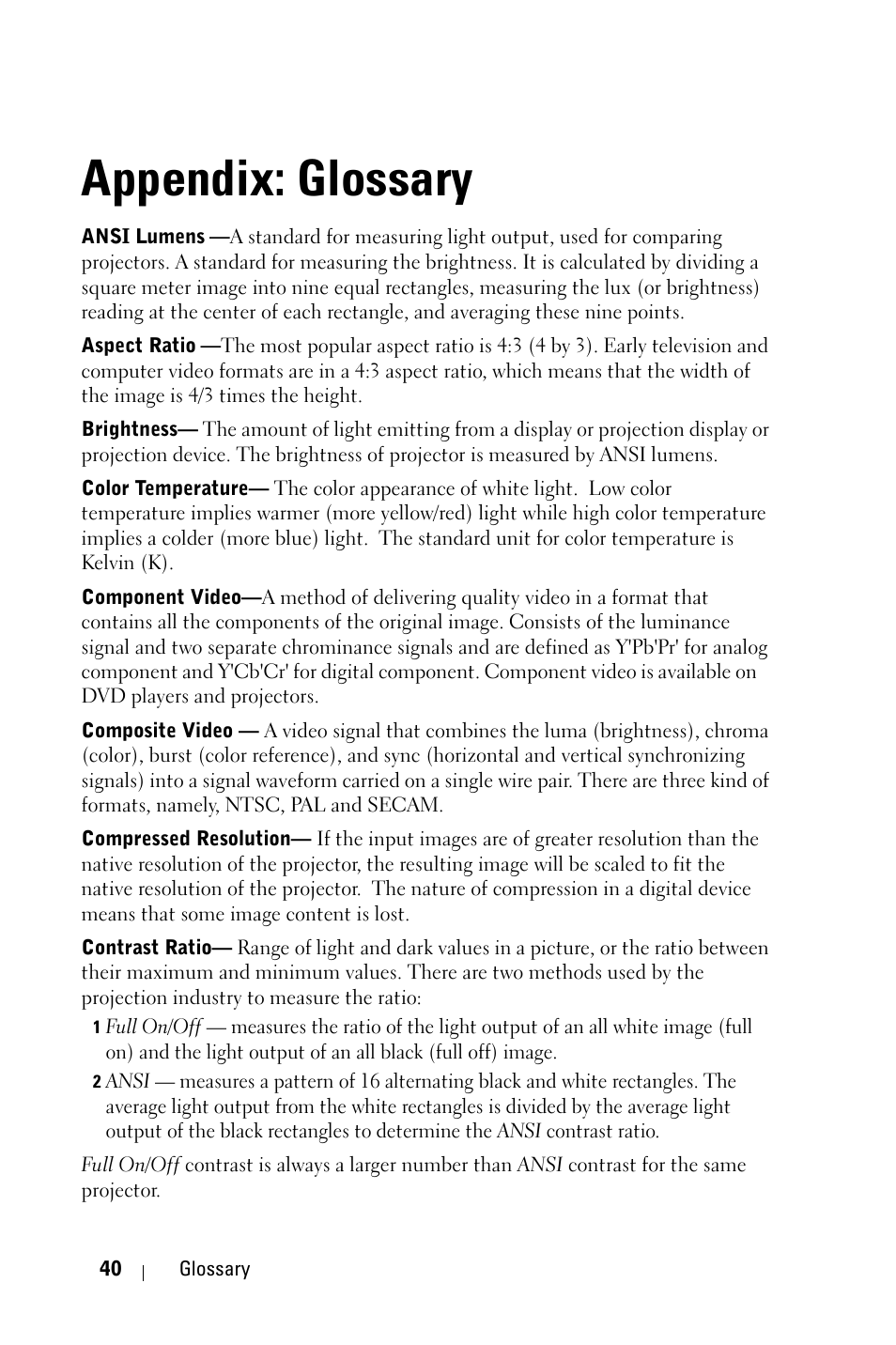 Appendix: glossary | Dell M209X Projector User Manual | Page 40 / 44