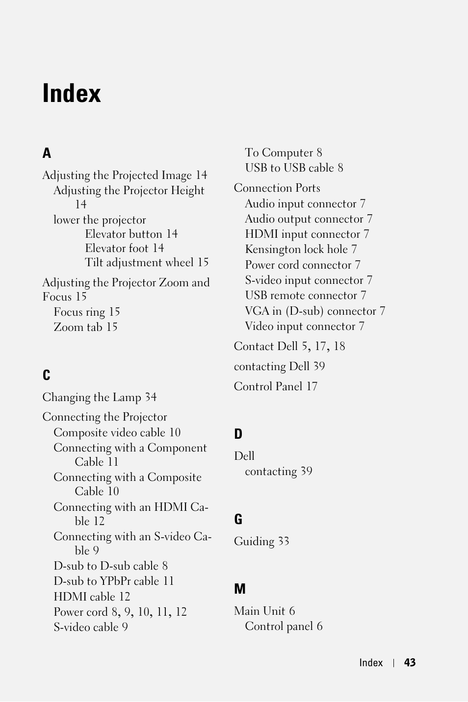 Index | Dell M209X Projector User Manual | Page 43 / 44