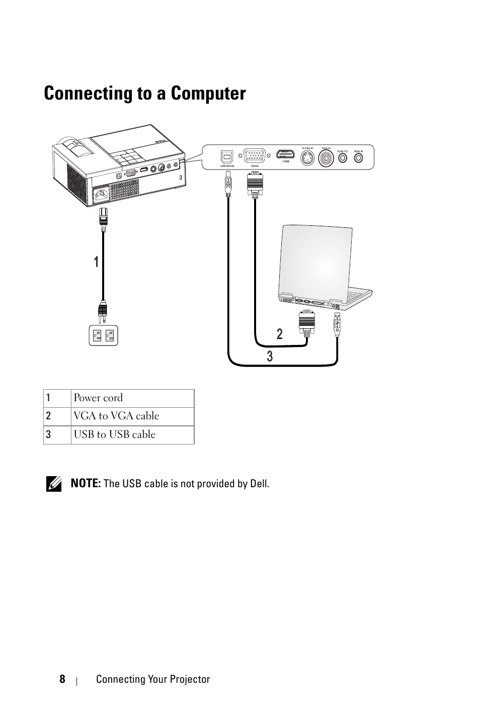 Connecting to a computer | Dell M209X Projector User Manual | Page 8 / 44