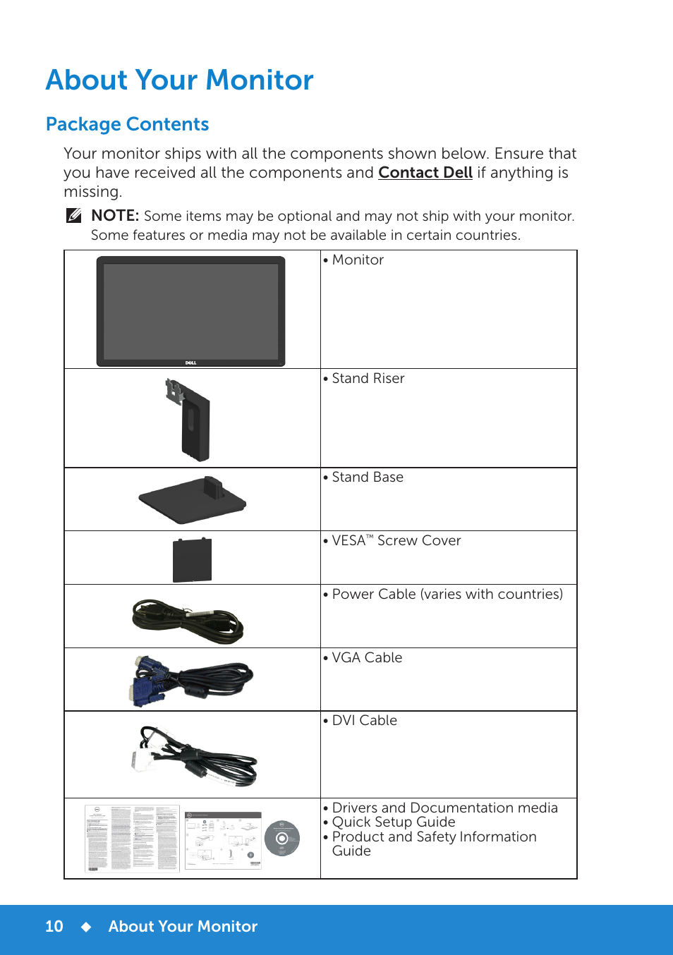 About your monitor, Package contents | Dell E2314H Monitor User Manual | Page 10 / 70
