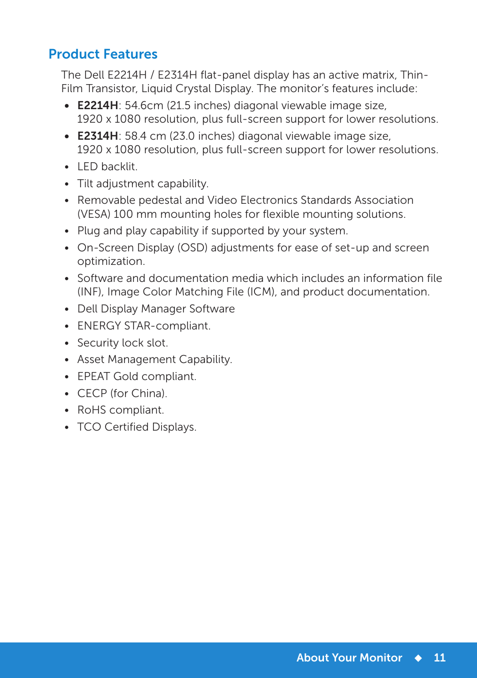 Product features | Dell E2314H Monitor User Manual | Page 11 / 70