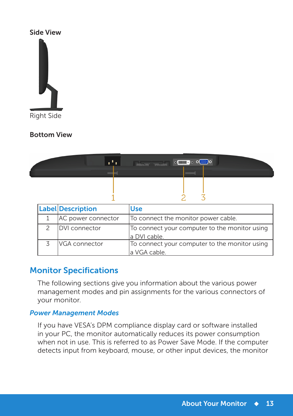 Monitor specifications | Dell E2314H Monitor User Manual | Page 13 / 70