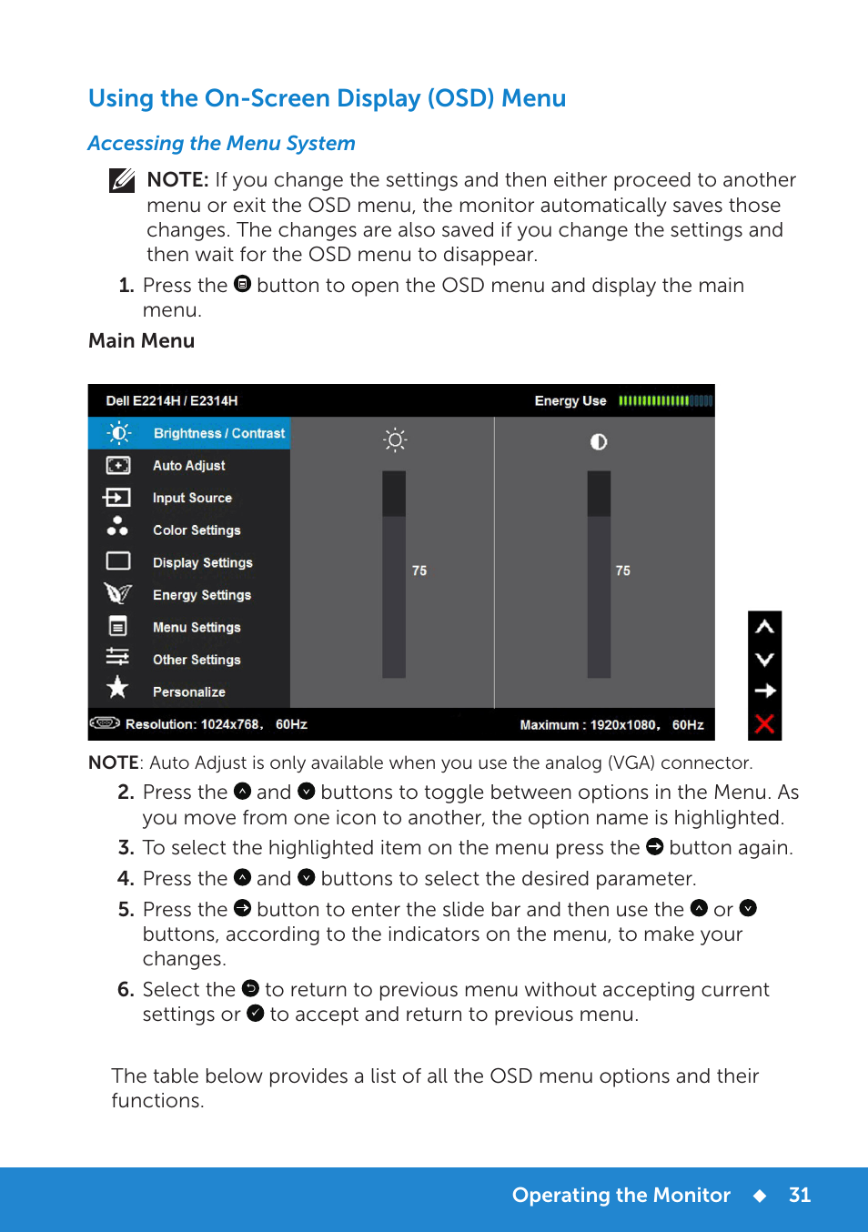 Using the on-screen display (osd) menu, Accessing the menu system | Dell E2314H Monitor User Manual | Page 31 / 70