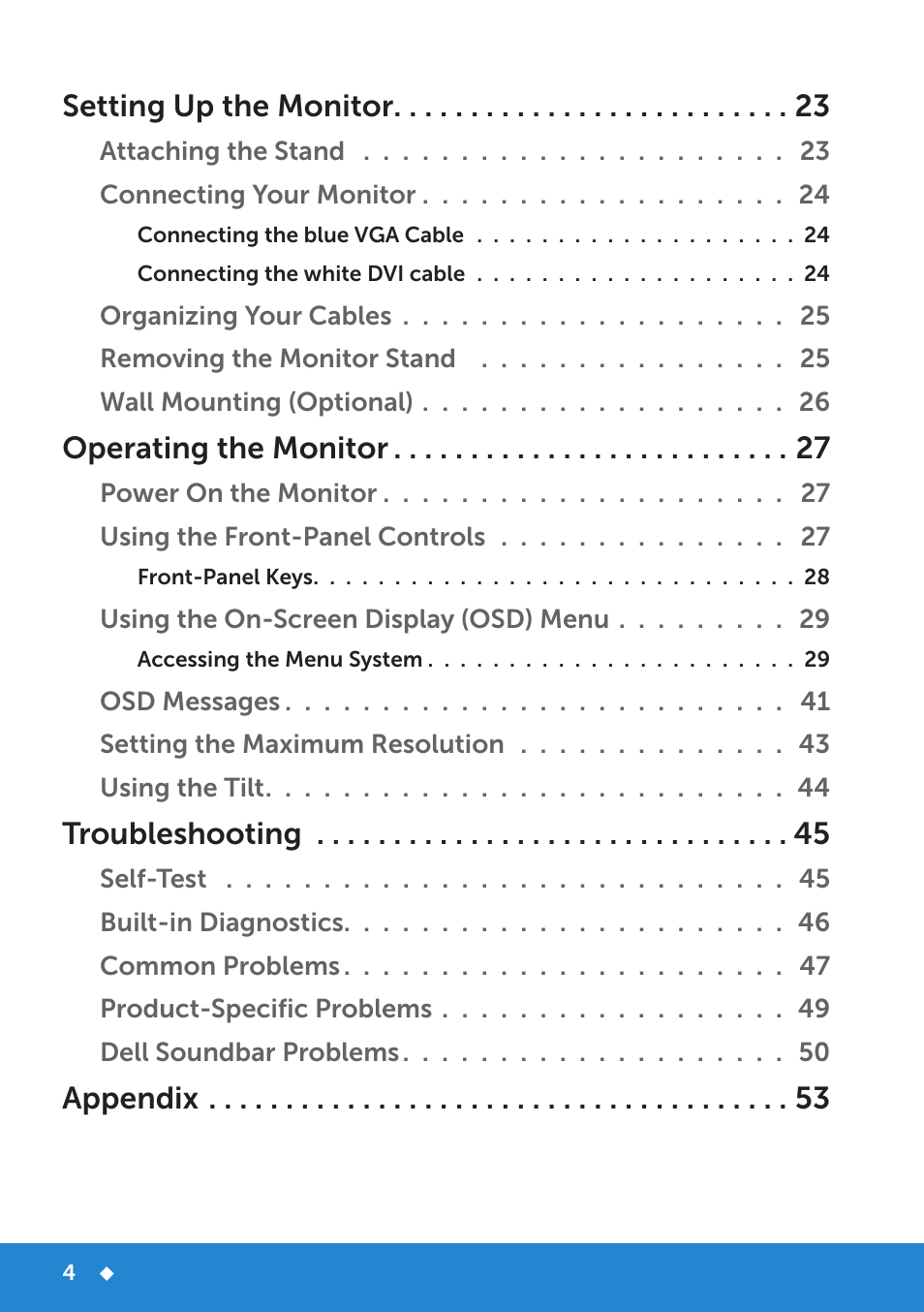 Setting up the monitor, Operating the monitor, Troubleshooting | Appendix | Dell E2314H Monitor User Manual | Page 4 / 70