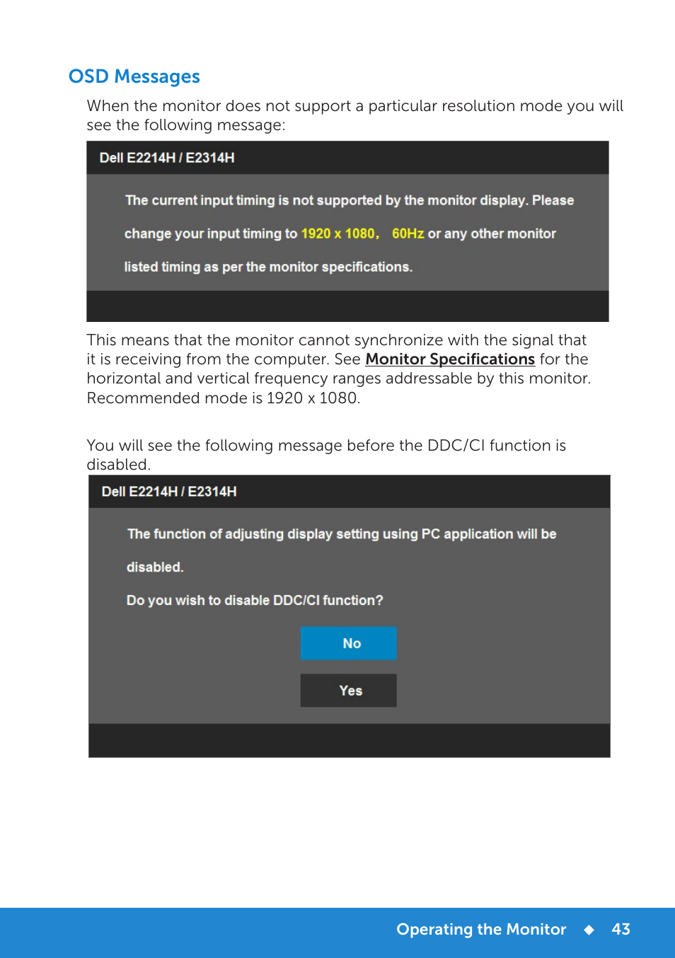 Osd messages | Dell E2314H Monitor User Manual | Page 43 / 70