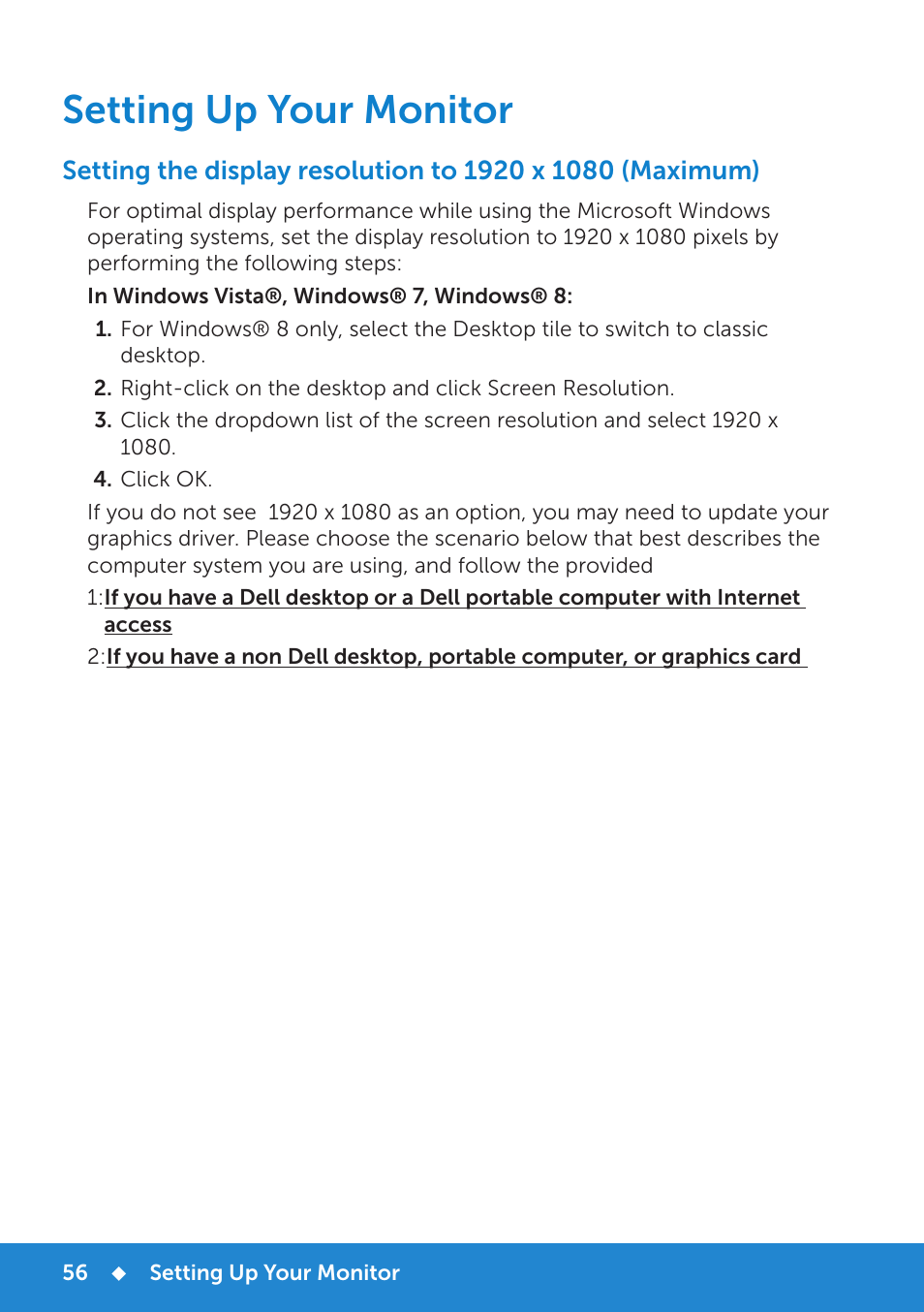 Setting up your monitor | Dell E2314H Monitor User Manual | Page 56 / 70