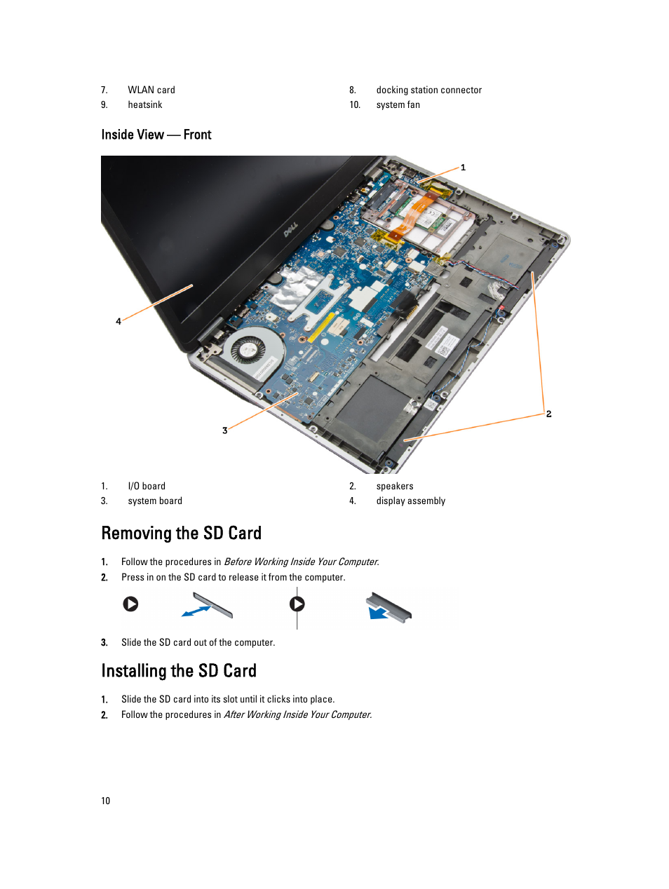 Removing the sd card, Installing the sd card, Inside view — front | Dell Latitude E7440 (Mid 2013) User Manual | Page 10 / 67