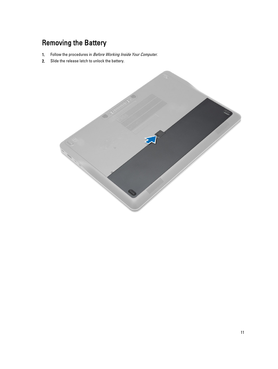 Removing the battery | Dell Latitude E7440 (Mid 2013) User Manual | Page 11 / 67