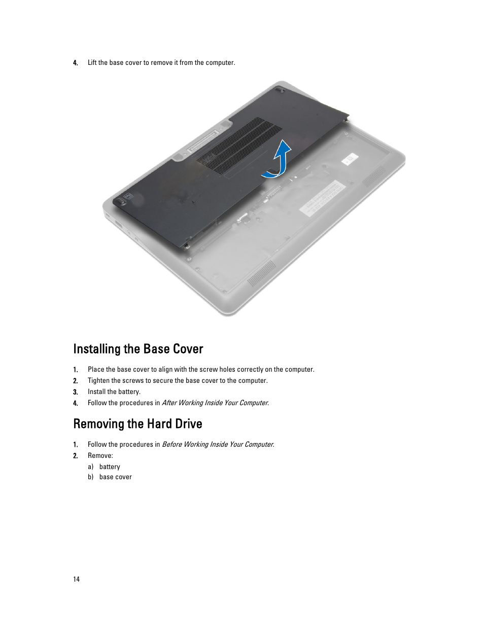 Installing the base cover, Removing the hard drive | Dell Latitude E7440 (Mid 2013) User Manual | Page 14 / 67
