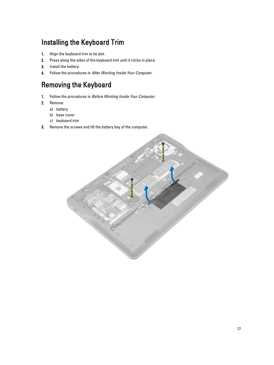 Installing the keyboard trim, Removing the keyboard | Dell Latitude E7440 (Mid 2013) User Manual | Page 17 / 67
