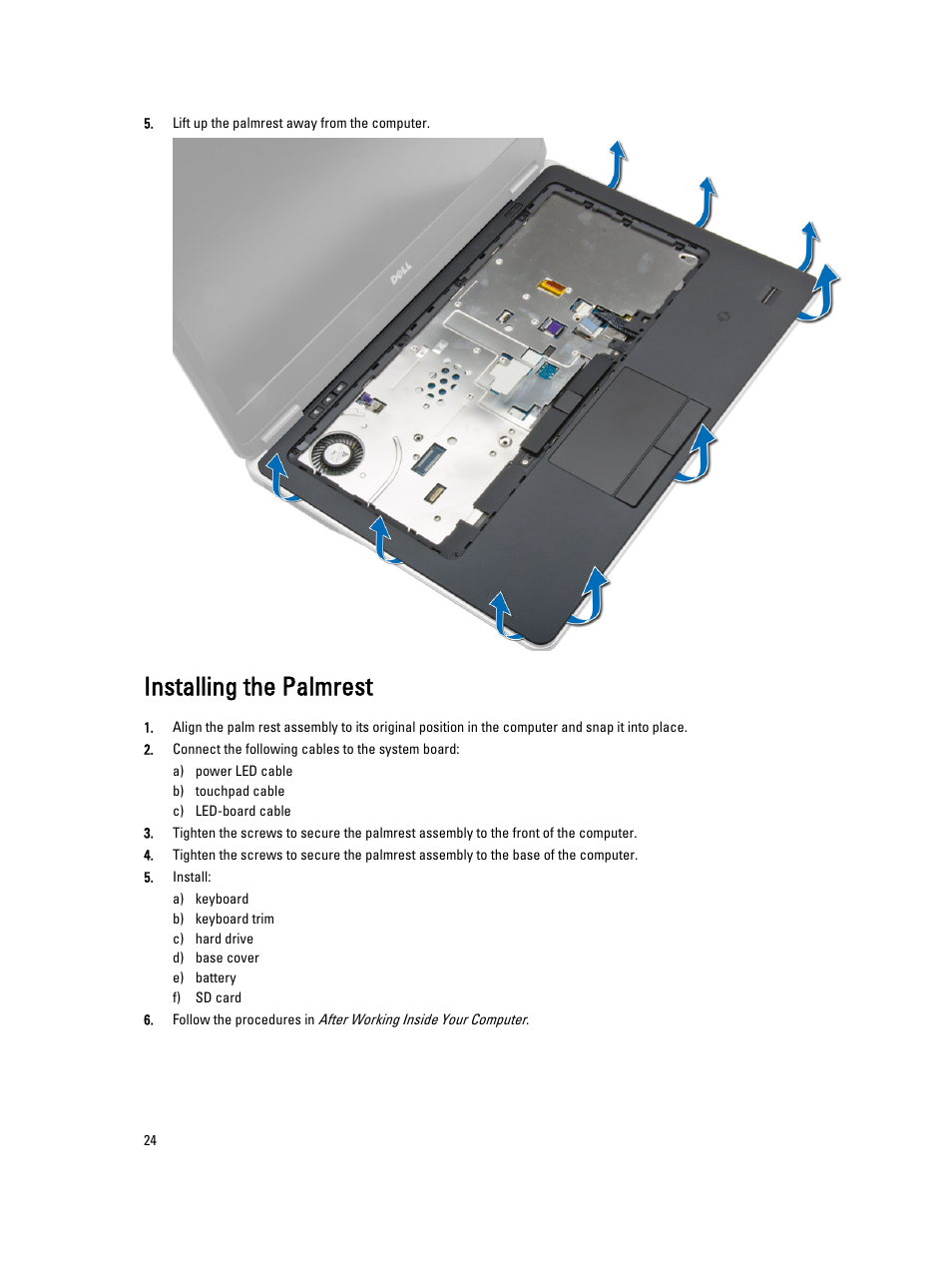 Installing the palmrest | Dell Latitude E7440 (Mid 2013) User Manual | Page 24 / 67