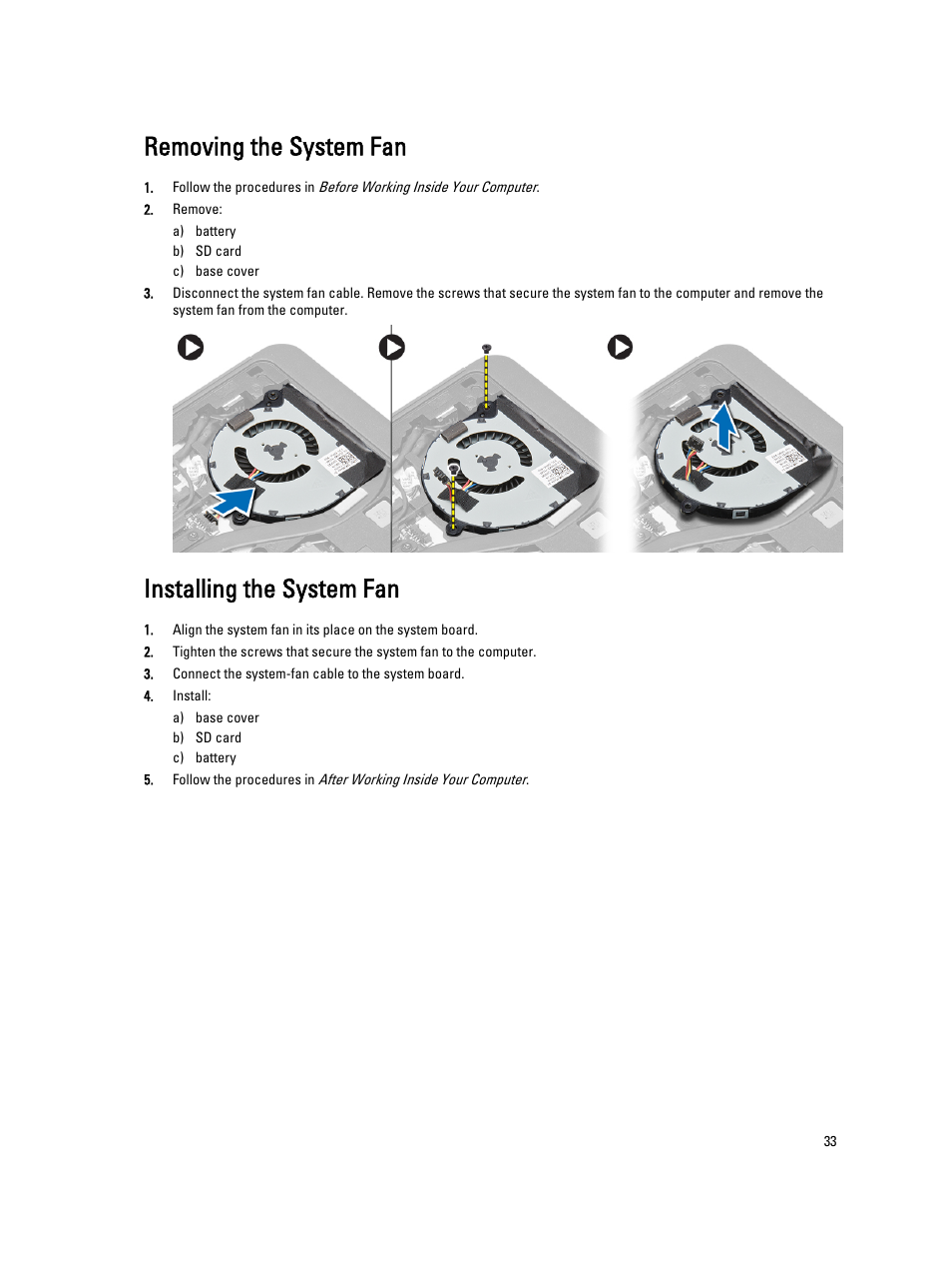 Removing the system fan, Installing the system fan | Dell Latitude E7440 (Mid 2013) User Manual | Page 33 / 67
