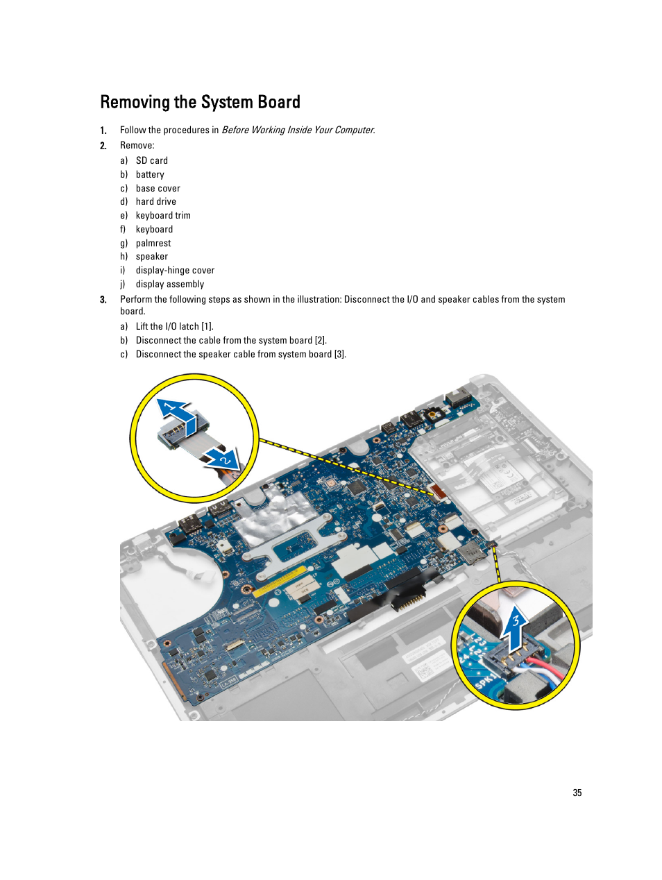 Removing the system board | Dell Latitude E7440 (Mid 2013) User Manual | Page 35 / 67