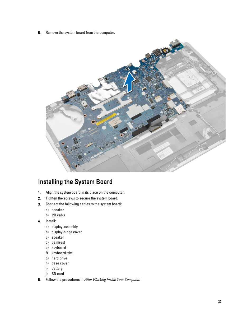 Installing the system board | Dell Latitude E7440 (Mid 2013) User Manual | Page 37 / 67