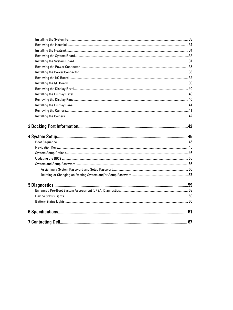 3 docking port information 4 system setup, 5 diagnostics, 6 specifications 7 contacting dell | Dell Latitude E7440 (Mid 2013) User Manual | Page 4 / 67