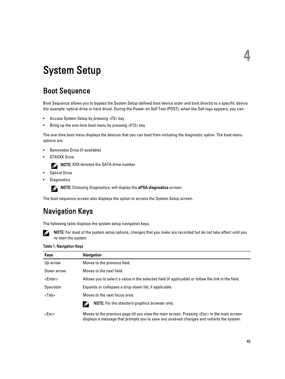 System setup, Boot sequence, Navigation keys | 4 system setup | Dell Latitude E7440 (Mid 2013) User Manual | Page 45 / 67