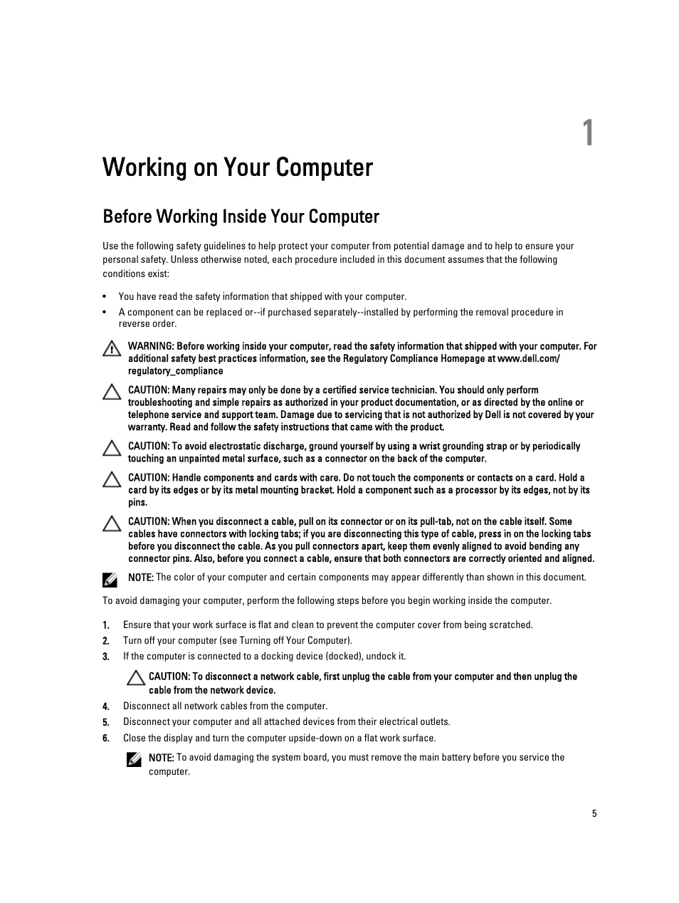 Working on your computer, Before working inside your computer, 1 working on your computer | Dell Latitude E7440 (Mid 2013) User Manual | Page 5 / 67