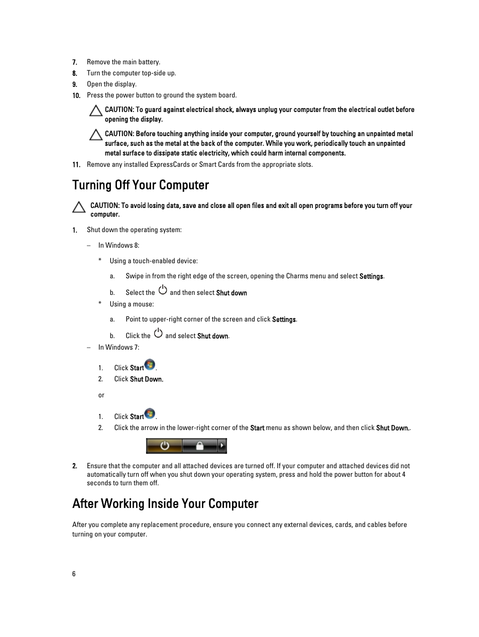 Turning off your computer, After working inside your computer | Dell Latitude E7440 (Mid 2013) User Manual | Page 6 / 67