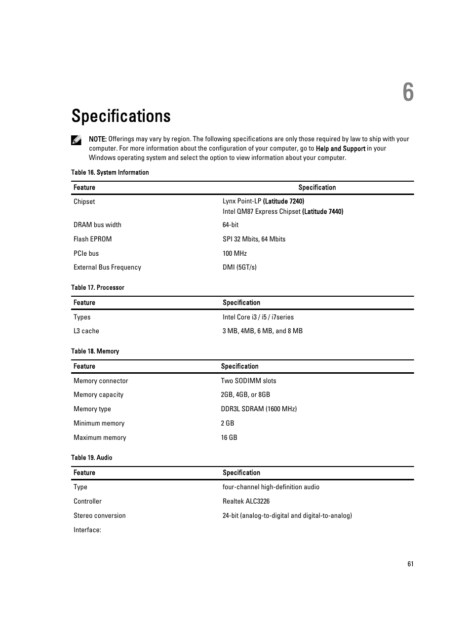 Specifications, 6 specifications | Dell Latitude E7440 (Mid 2013) User Manual | Page 61 / 67
