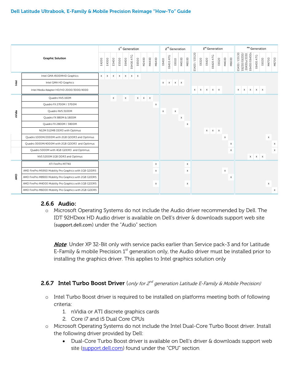 6 audio, 7 intel turbo boost driver, Only for 2 | Generation latitude e-family & mobile precision) | Dell Precision M4600 (Early 2011) User Manual | Page 18 / 45