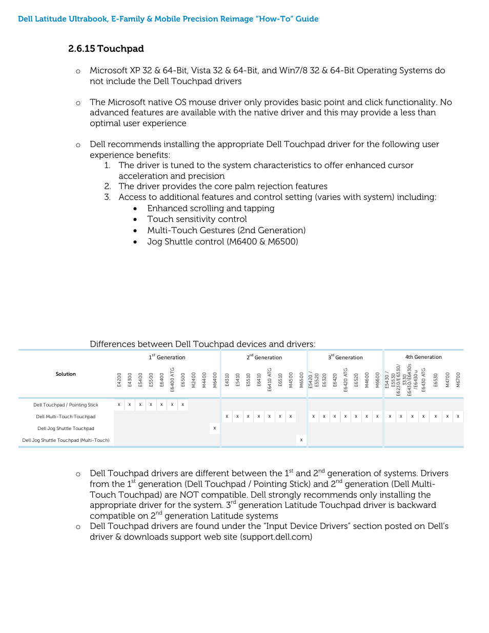 15 touchpad, And 2, Generation of systems. drivers from the 1 | Generation (dell touchpad / pointing stick) and 2 | Dell Precision M4600 (Early 2011) User Manual | Page 25 / 45