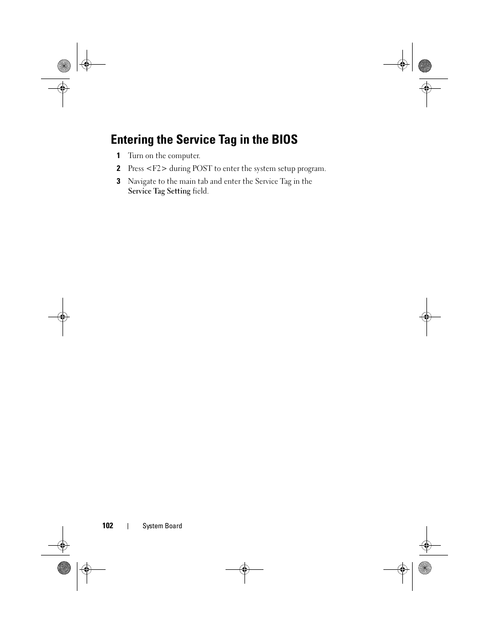 Entering the service tag in the bios | Dell Inspiron One 2330 (Mid 2012) User Manual | Page 102 / 140