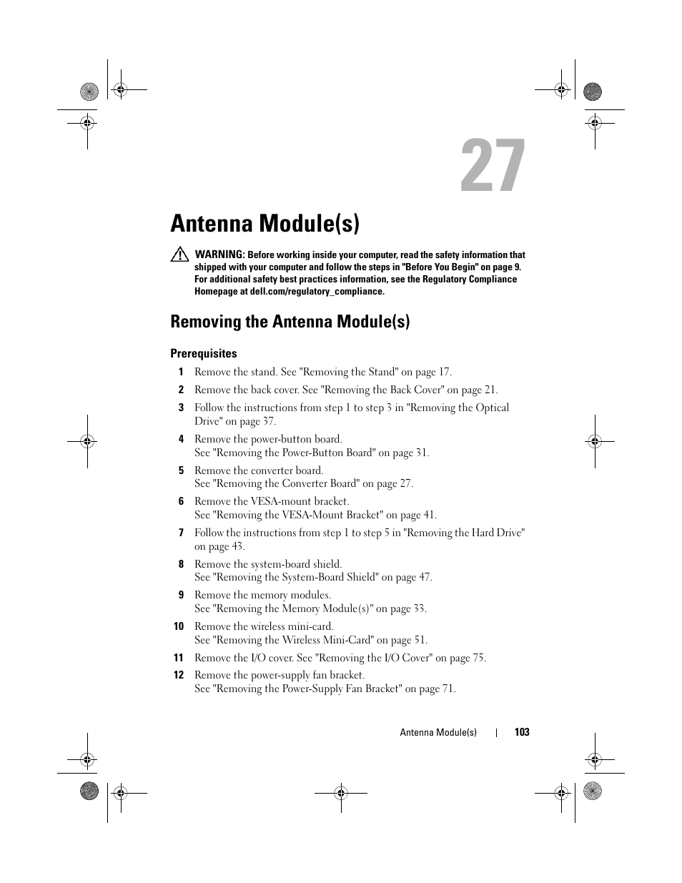 Antenna module(s), Removing the antenna module(s), Prerequisites | Dell Inspiron One 2330 (Mid 2012) User Manual | Page 103 / 140