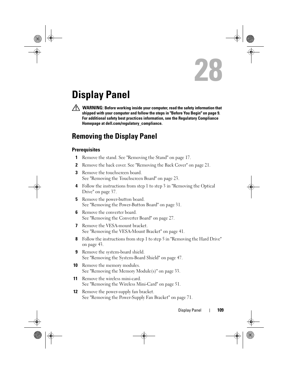 Display panel, Removing the display panel, Prerequisites | Dell Inspiron One 2330 (Mid 2012) User Manual | Page 109 / 140