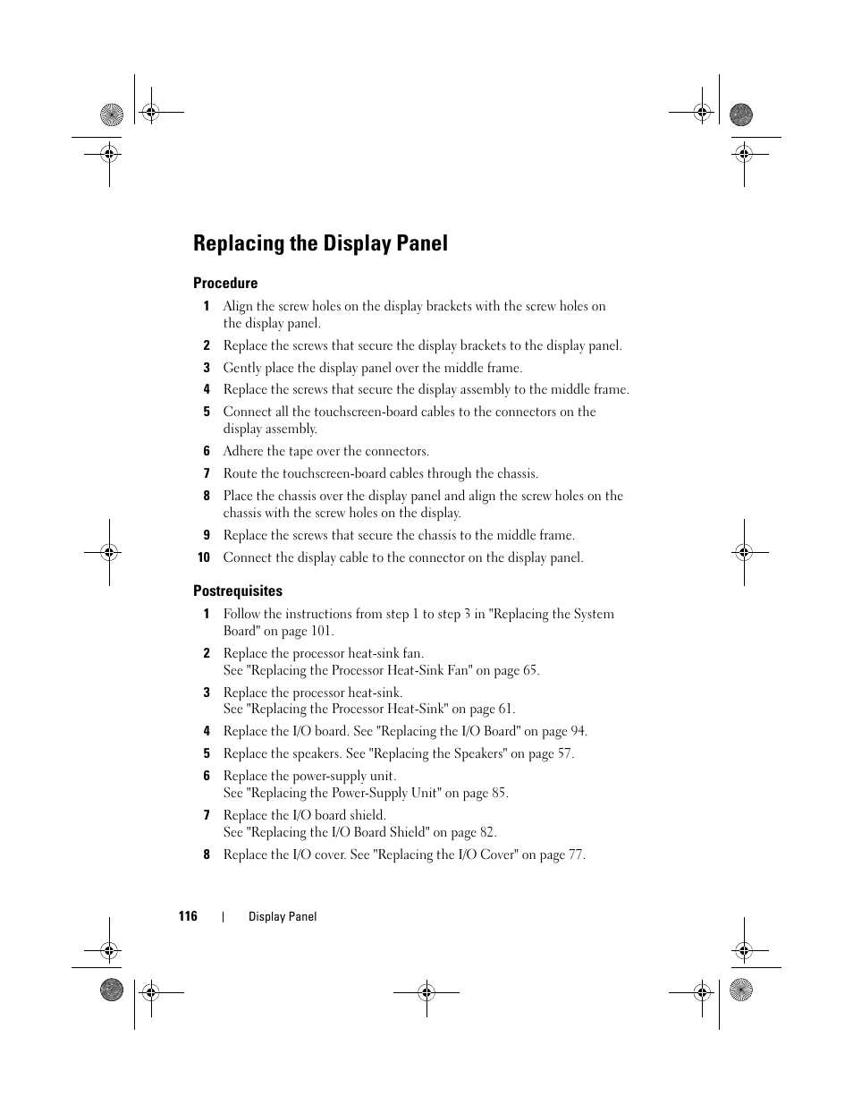 Replacing the display panel, Procedure, Postrequisites | Dell Inspiron One 2330 (Mid 2012) User Manual | Page 116 / 140
