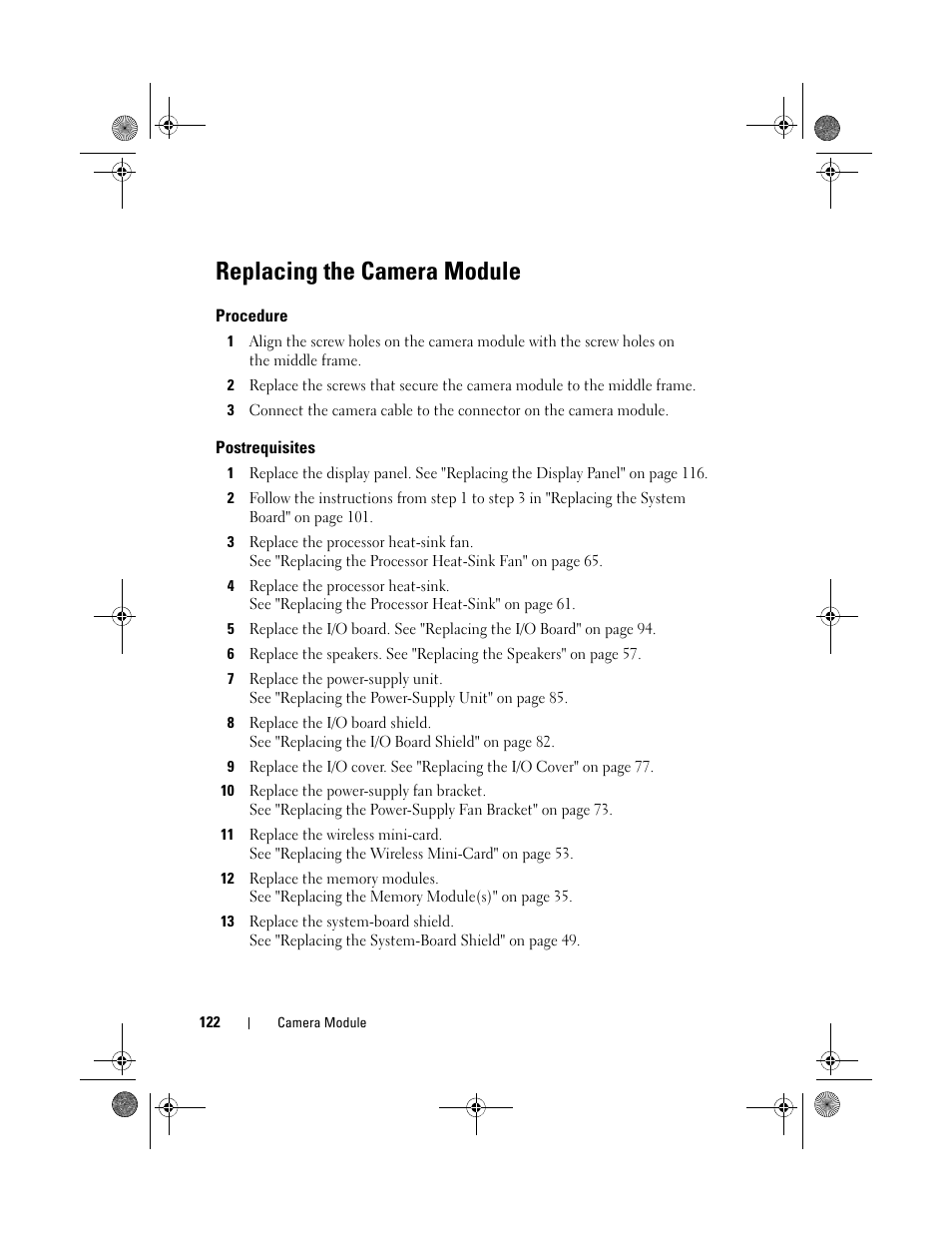 Replacing the camera module, Procedure, Postrequisites | Dell Inspiron One 2330 (Mid 2012) User Manual | Page 122 / 140