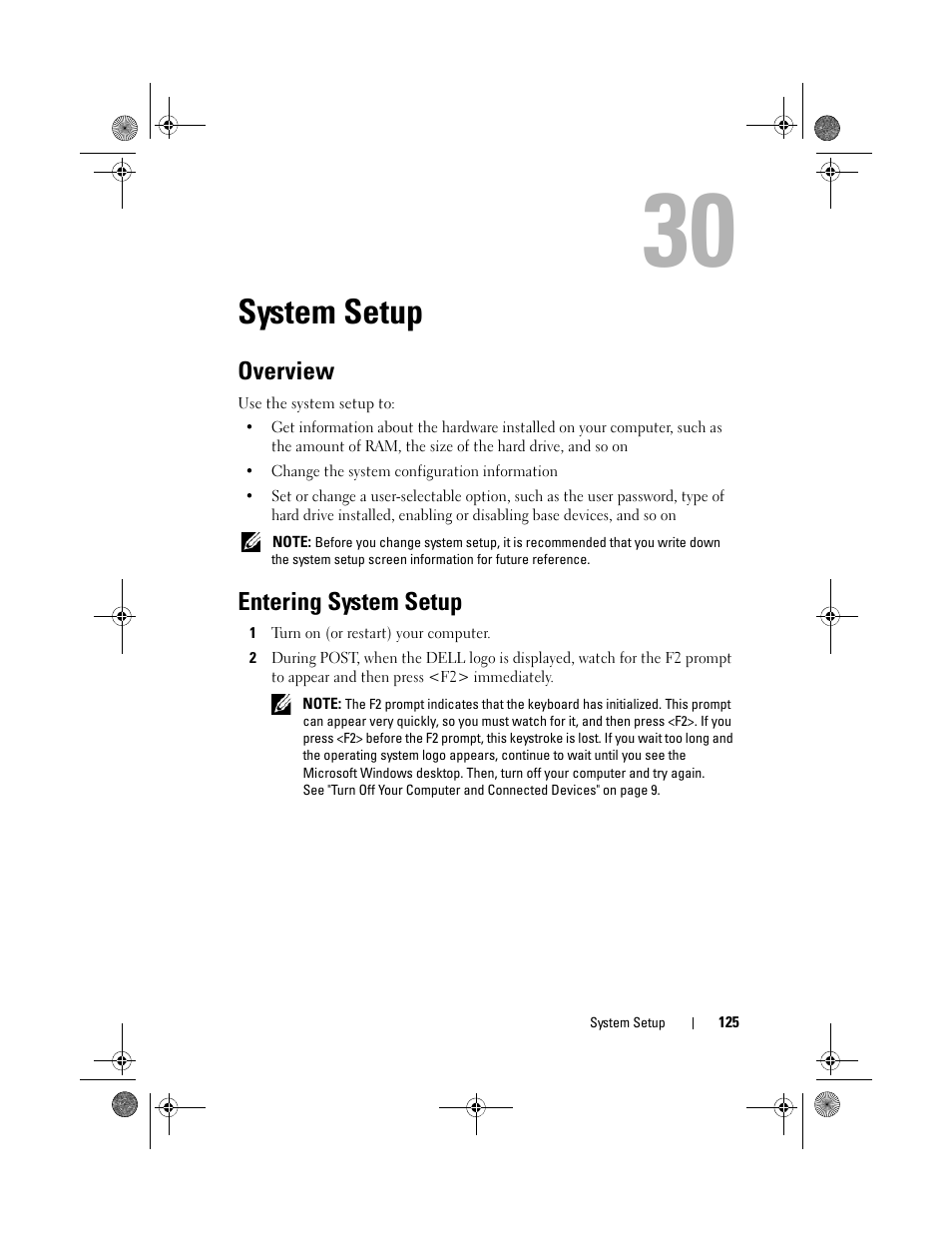 System setup, Overview, Entering system setup | Dell Inspiron One 2330 (Mid 2012) User Manual | Page 125 / 140