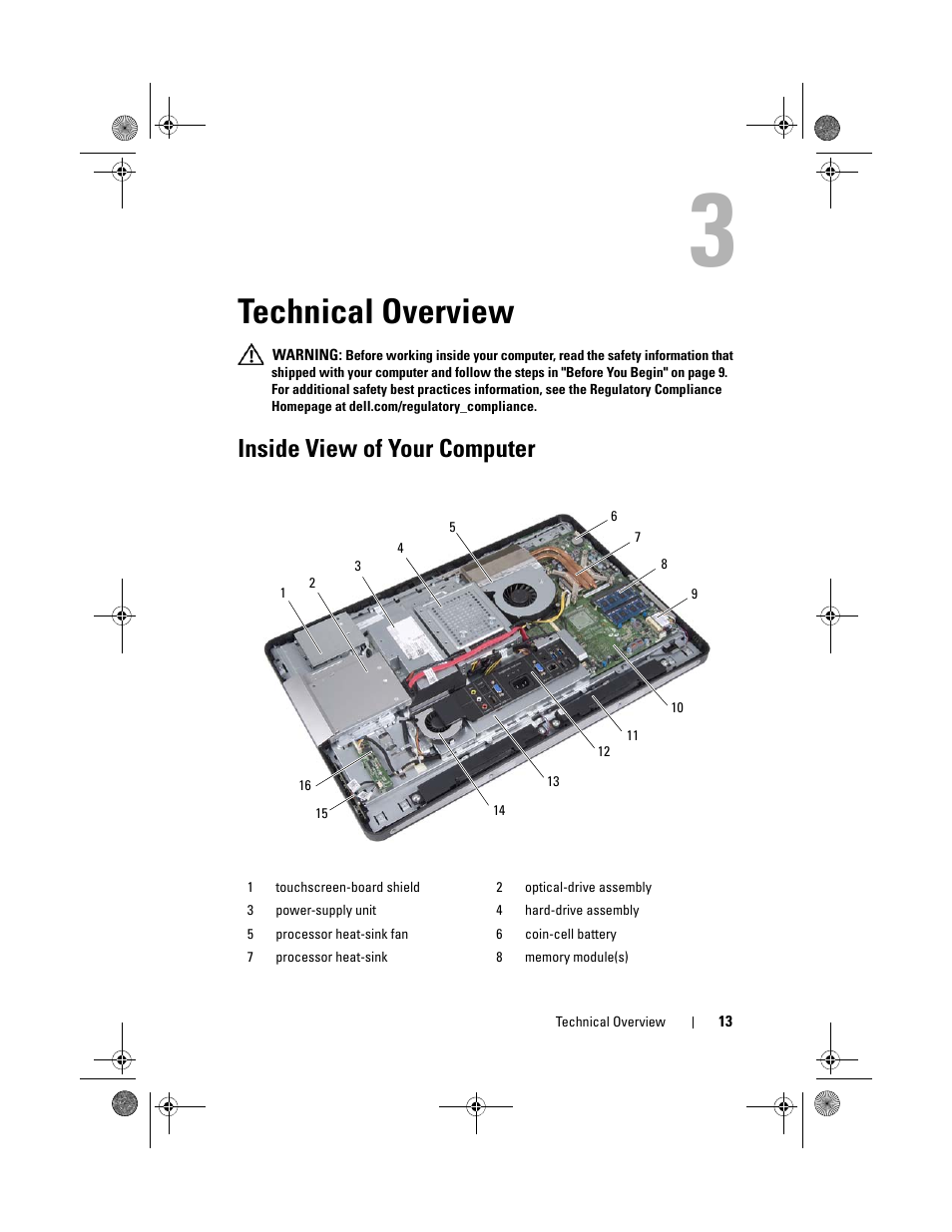 Technical overview, Inside view of your computer | Dell Inspiron One 2330 (Mid 2012) User Manual | Page 13 / 140