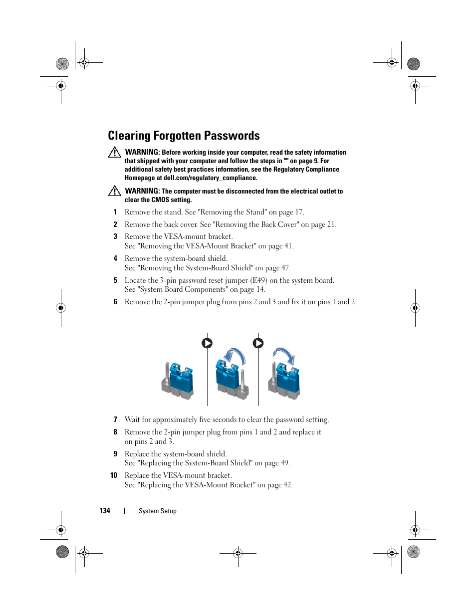 Clearing forgotten passwords | Dell Inspiron One 2330 (Mid 2012) User Manual | Page 134 / 140