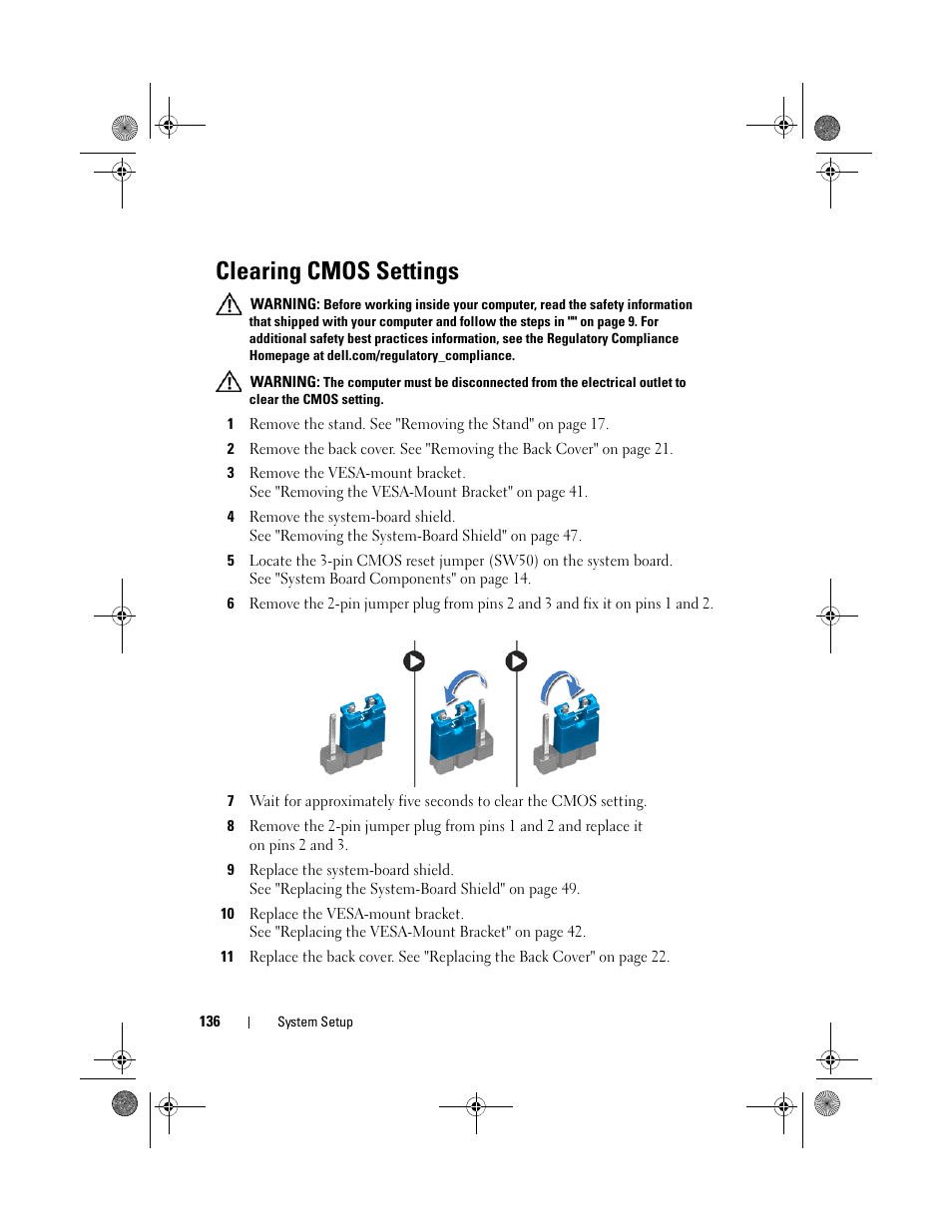 Clearing cmos settings | Dell Inspiron One 2330 (Mid 2012) User Manual | Page 136 / 140