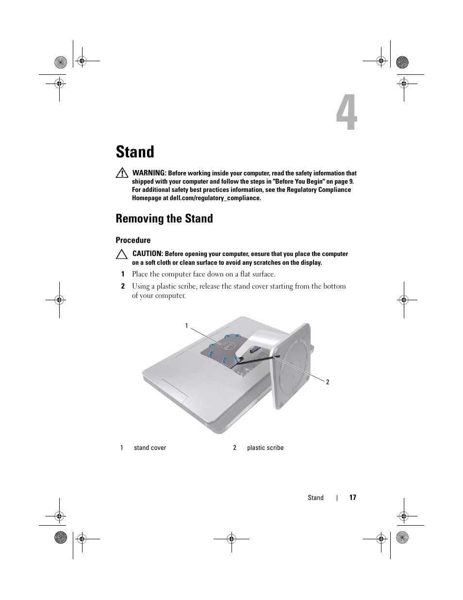 Stand, Removing the stand, Procedure | Dell Inspiron One 2330 (Mid 2012) User Manual | Page 17 / 140