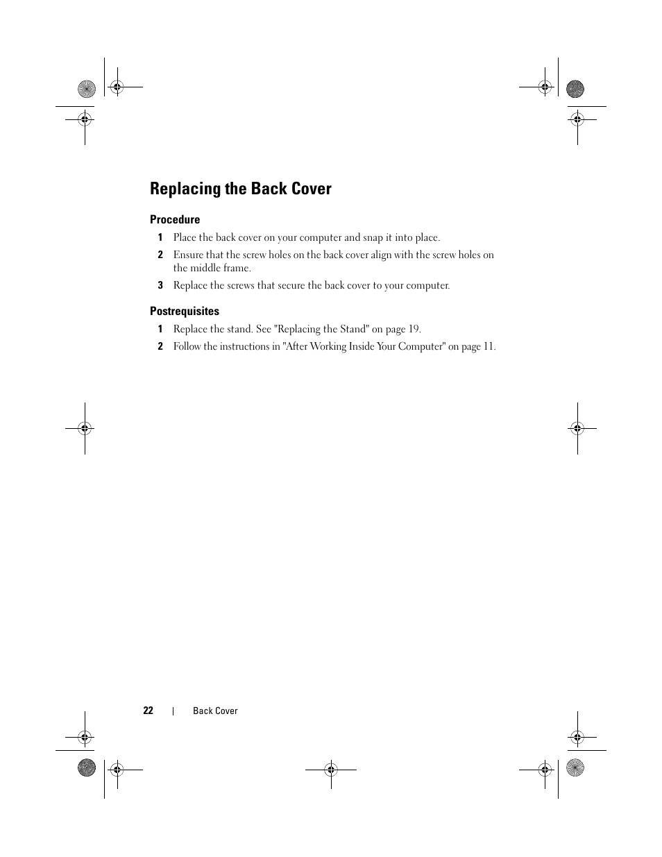 Replacing the back cover, Procedure, Postrequisites | Dell Inspiron One 2330 (Mid 2012) User Manual | Page 22 / 140