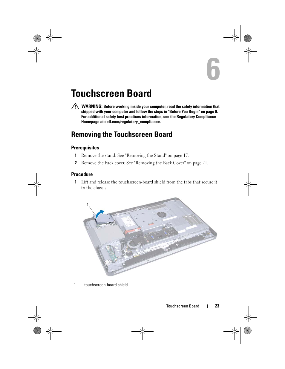 Touchscreen board, Removing the touchscreen board, Prerequisites | Procedure | Dell Inspiron One 2330 (Mid 2012) User Manual | Page 23 / 140