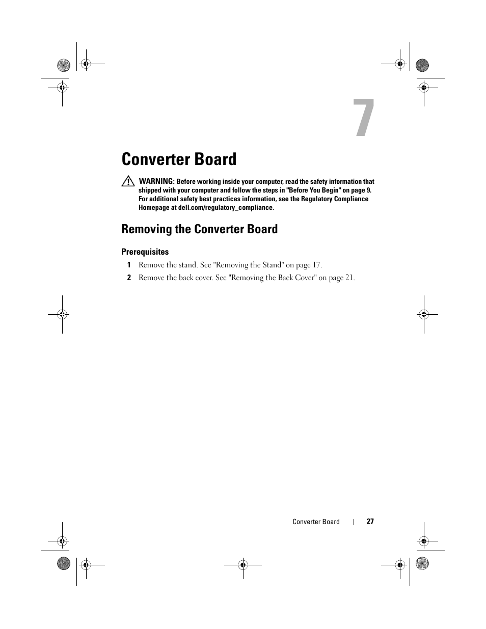 Converter board, Removing the converter board, Prerequisites | Dell Inspiron One 2330 (Mid 2012) User Manual | Page 27 / 140