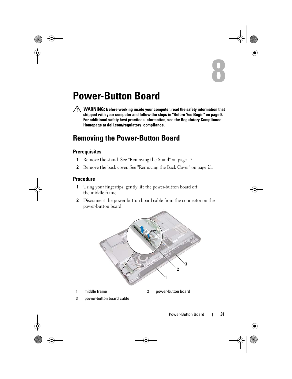 Power-button board, Removing the power-button board, Prerequisites | Procedure | Dell Inspiron One 2330 (Mid 2012) User Manual | Page 31 / 140