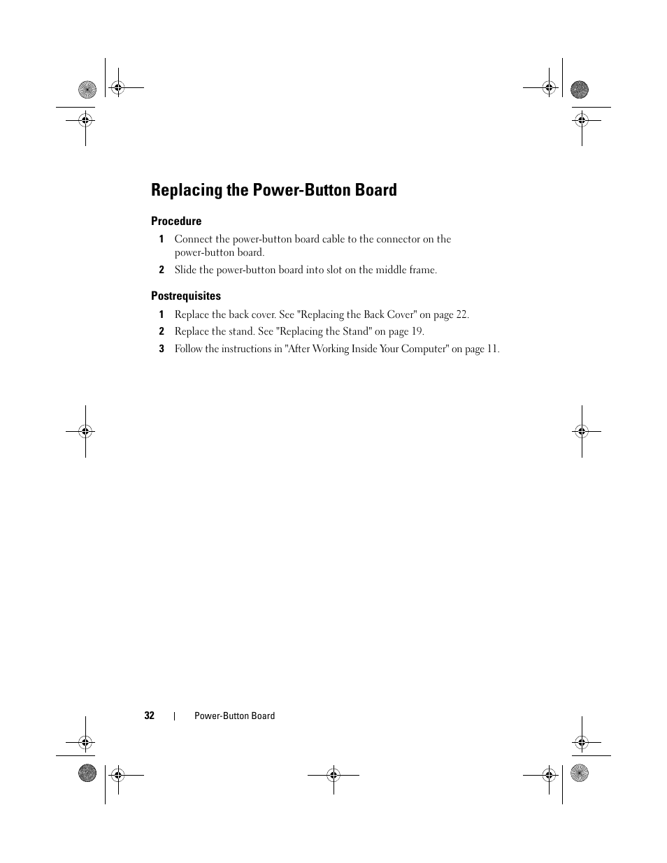 Replacing the power-button board, Procedure, Postrequisites | Dell Inspiron One 2330 (Mid 2012) User Manual | Page 32 / 140