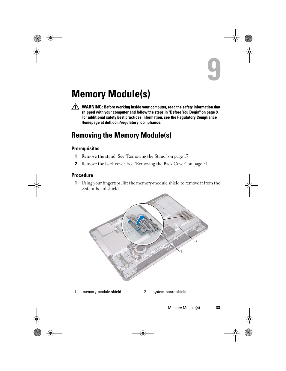 Memory module(s), Removing the memory module(s), Prerequisites | Procedure | Dell Inspiron One 2330 (Mid 2012) User Manual | Page 33 / 140